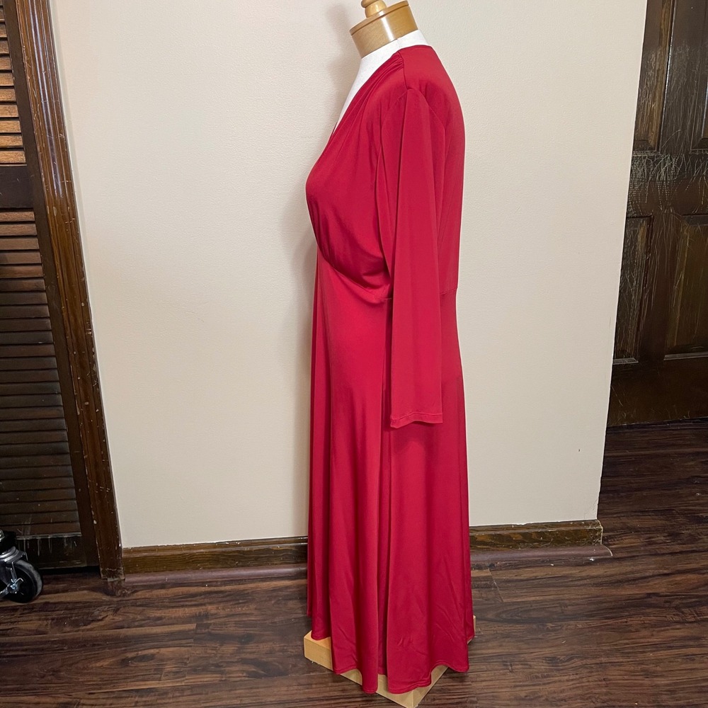 Maggy London Red Empire Waist V-Neck Long Sleeve Midi Dress Womens Size 14 - Picture 2 of 9